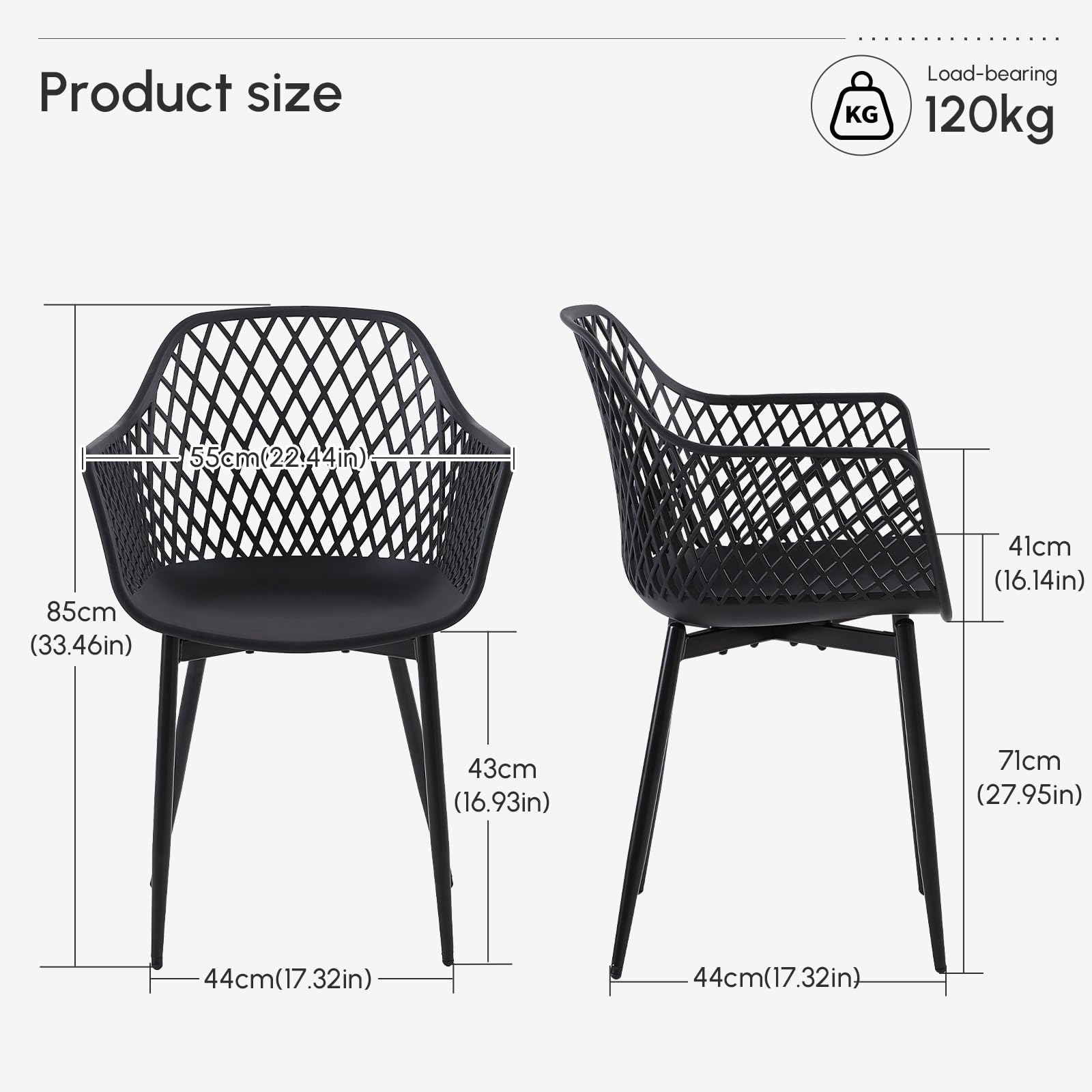 buybyroom Lot de 4 Chaise de Jardin, Chaise Exterieur Terrasse, Siège en PP, Pieds en Métal avec Accoudoirs et Patins Réglables, Charge Maximale 120 KG, Noir