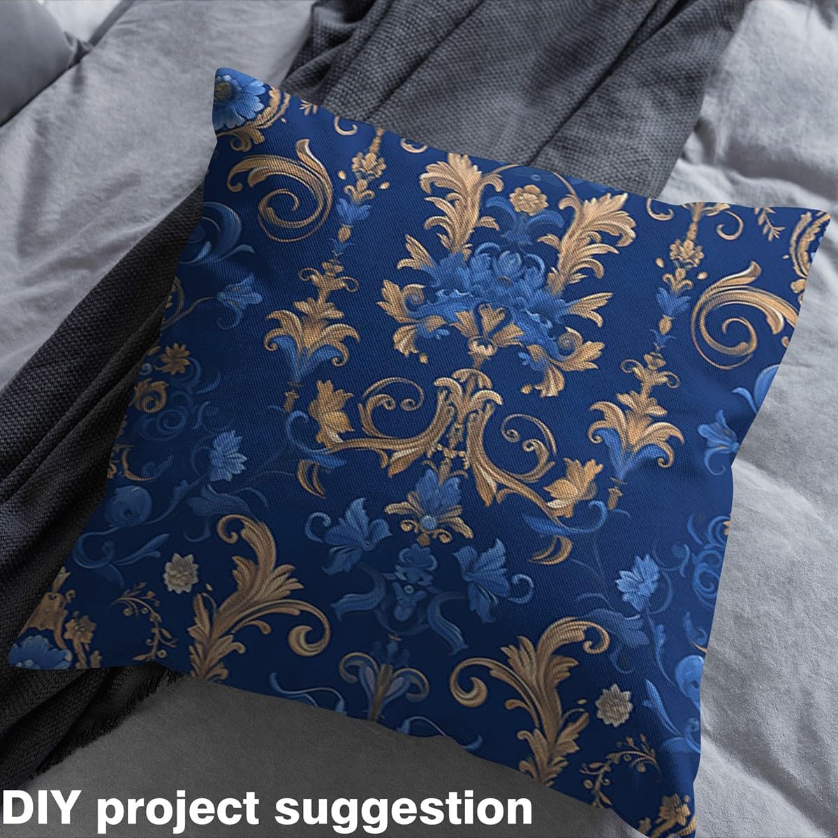 Erosebridal Baroque Damask Fabric by The Yard,Blue Golden Gothic Vintage Floral Upholstery Fabric,Bohemian Exotic Decorative Fabric,Luxury Jacquard Damask DIY Art Indoor Outdoor Fabric,2 Yards