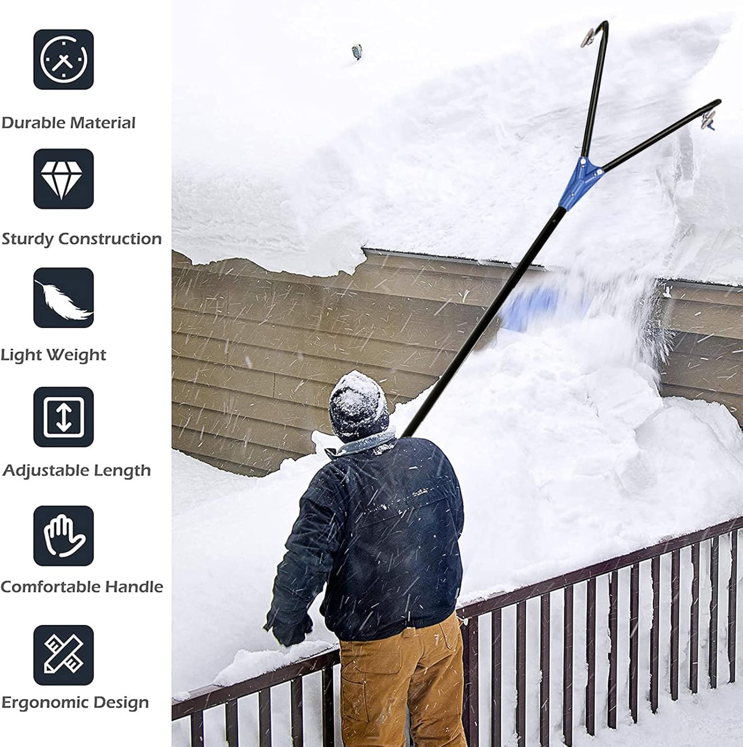 Snow Roof Rake, Snow Roof Rake, 20 Ft Roof Rake for Snow Removal with Extendable Handle, Lightght & Adjustable Length Snow Rake, Snow Shovel for Long or Low-Pitched Roofs, Leafs