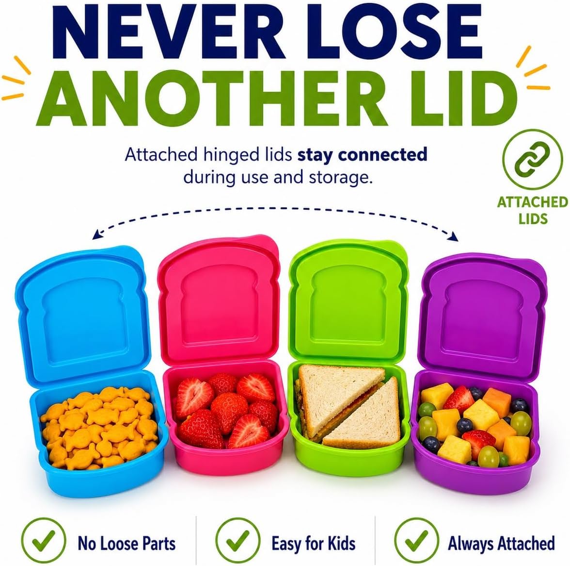 4 Pack - Fun Size Sandwich Containers - Connected Lid Assures Top & Bottom Always Make it Home. Reusable, BPA Free Plastic - Sandwich Box - Use for Fruit, Salad, Lunch Box Snacks and Food Storage image 2