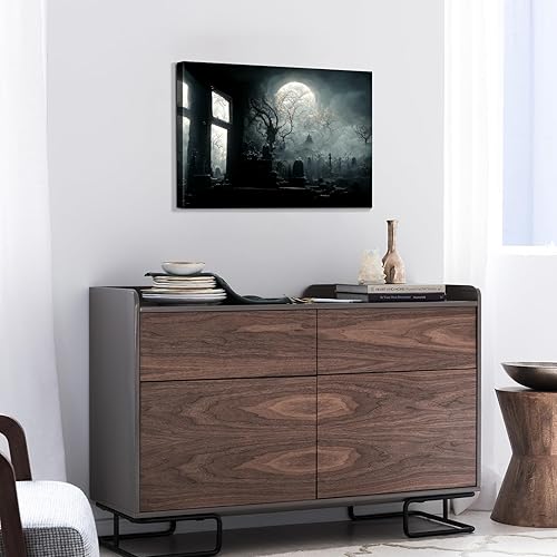 Miniatura 30 de Denozer Lienzo decorativo para pared de Halloween, castillo de terror de 32 x 24 pulgadas, decoración de pared de luna, decoración de otoño de Obra