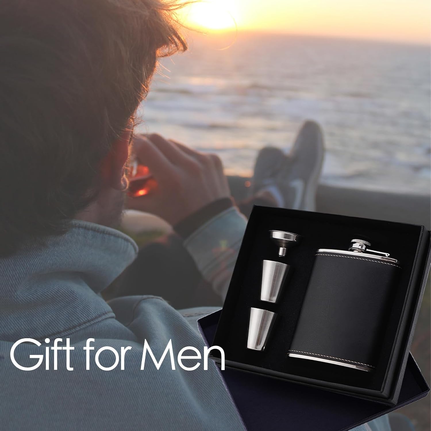 Flasks, 7oz Leather Flask for Liquor for Men Women - Gift Set Box Includes Flask Funnel Cups - Leak Proof Black PU Leather Groomsmen Flask Set for Groomsmen Best Man Gifts