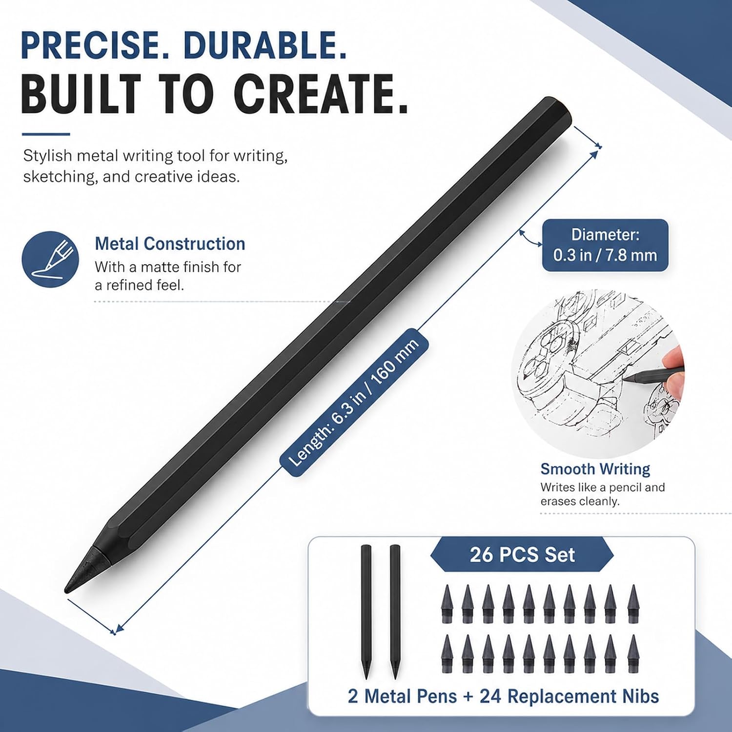 2 Pcs Ever Pen Pencil,Ever Pen Forever Pencil With 12 Refill Tips image 2