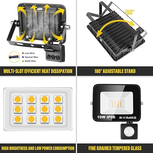 Vista 3 de Willpower 2 unids LED Floodlight 10W 1000lm LED luces de seguridad al aire libre con sensor de movimiento LED luz de trabajo IP66 impermeable PIR