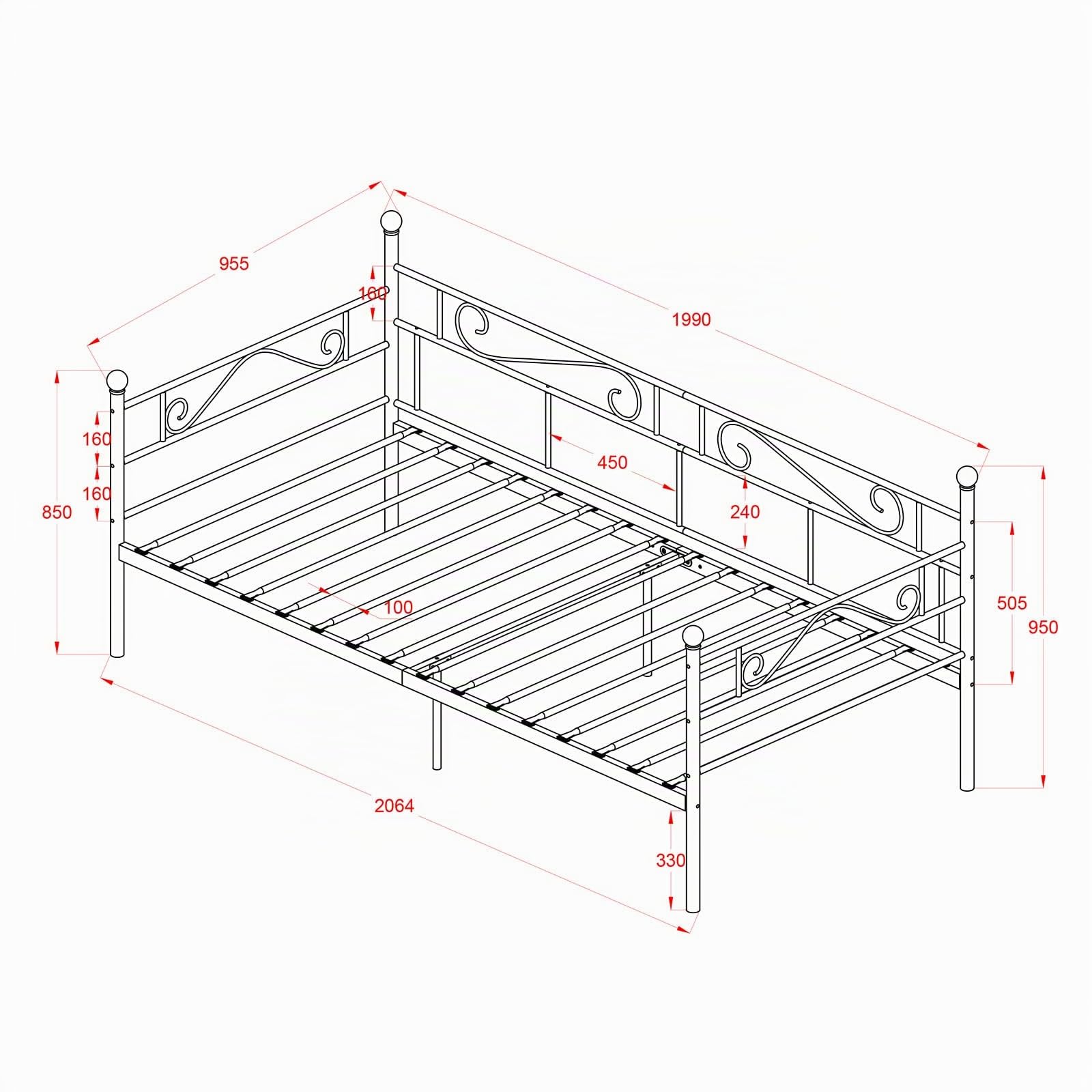 Tagesbett Bettgestell 90x200 cm Bett, Metal Wasserdicht Familienbett Gästebett Metallbett Jugendbett Einzelbett Sofabett für Schlafzimmer Wohnzimmer passend, Weiß