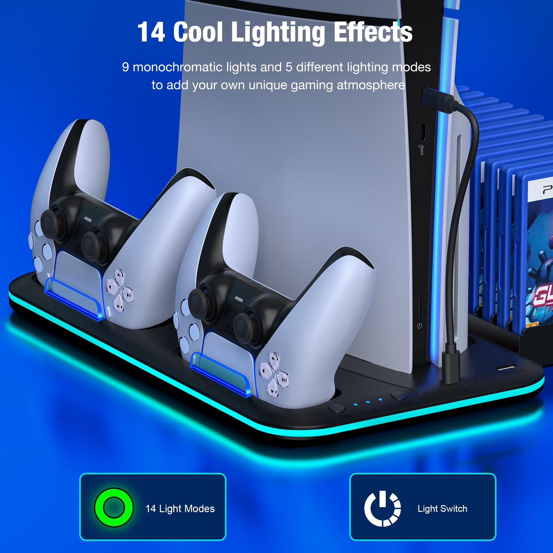 Supporto sottile per PS5 con stazione di raffreddamento e stazione di ricarica per console PS5 Slim/digitale, ventola di raffreddamento PS5, LED RGB, supporto per cuffie, 15 slot per giochi per