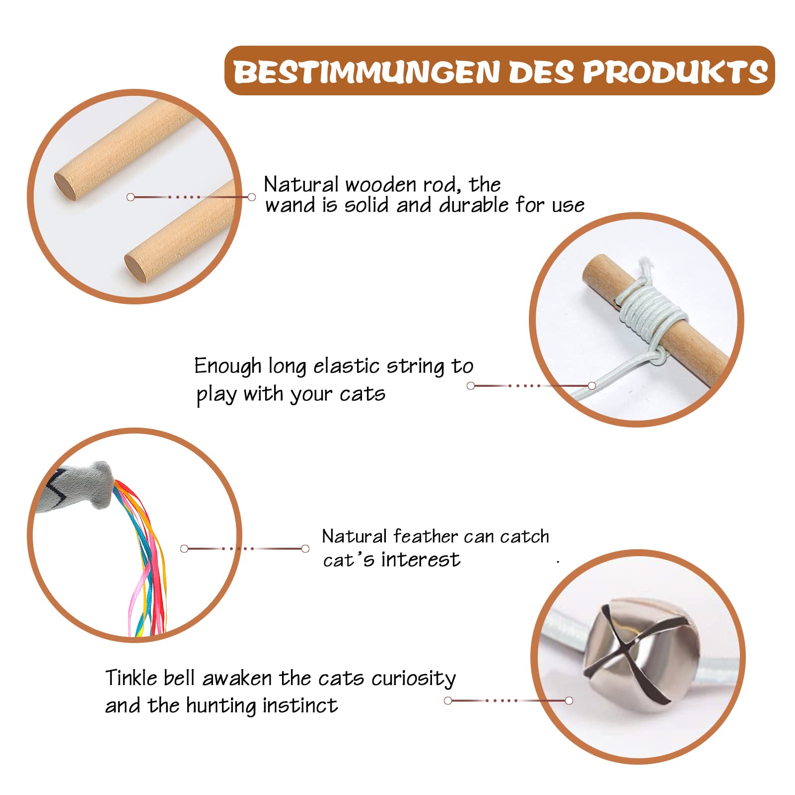 Naturholz-Katzenstab-Spielzeug mit Schleife, Fisch-Teaser – 3 Stück, 40,6 cm, Indoor-Katzen-Trainingsgerät & spielendes Kätzchen-Spielzeug, Bonus 5 Stück Katzenminze-Sticks für die Zahnreinigung