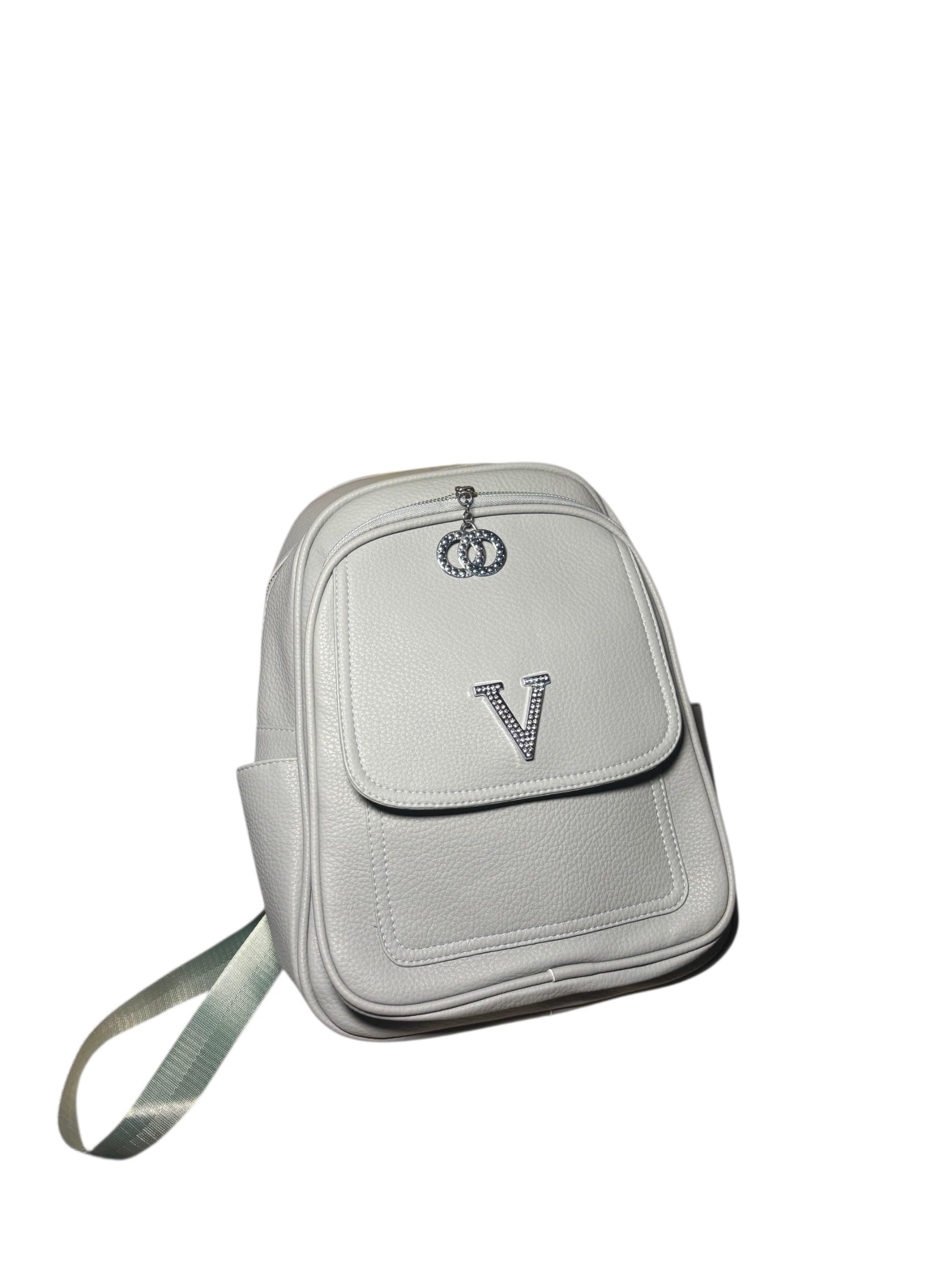 Women's Mini Faux Leather Backpack, White, Rhinestone V Detail with Crystal Hardware, Stylish Fashion Purse-image-8