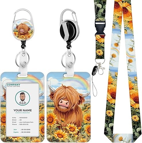 Miniatura 1 de Soporte para tarjetas de identificación con cordón, vaca de las tierras altas con girasoles, carretes retráctiles con cordones ajustables, para