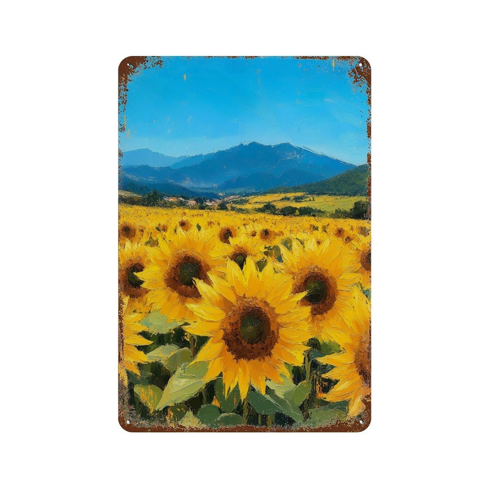 Rust Effect Sunflower Field Painting-7 Aged Metal Wall Plaque 11.8"x7.9", Shabby Chic Decor for Living Room, Hallway And Home Decor