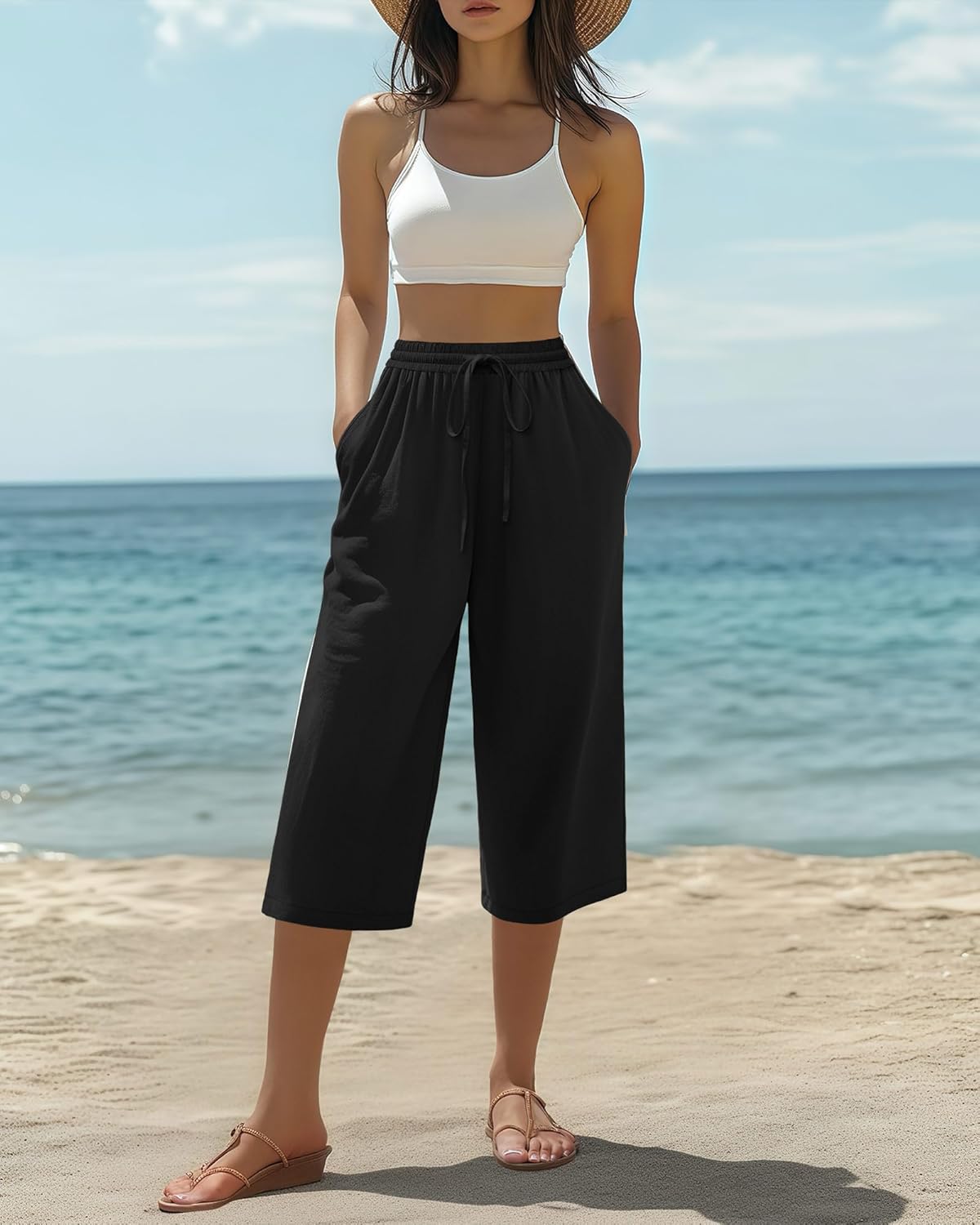 Neer 2 Pack Women's Linen Capris, Summer Drawstring Wide Leg Pants Casual High Waisted Palazzo Trousers with Pockets(Black, Light Grey,X-Large) - Image 6