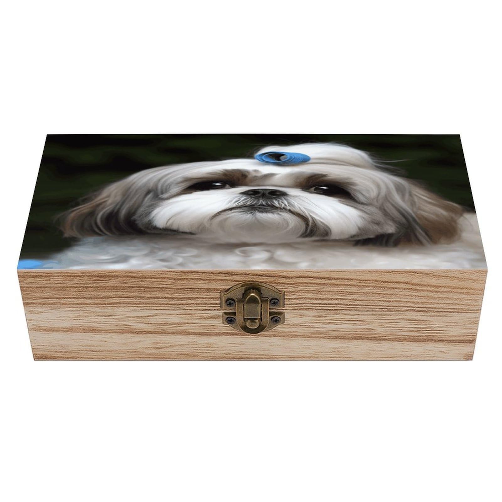 VstaDank Shih Tzu Dog Wooden Box Sturdy Vintage Storage Box with Hinged Lid Exquisite Wood Keepsake Boxes Large Jewelry Case Cute Trinket Holder Unique Gift for Men & Women