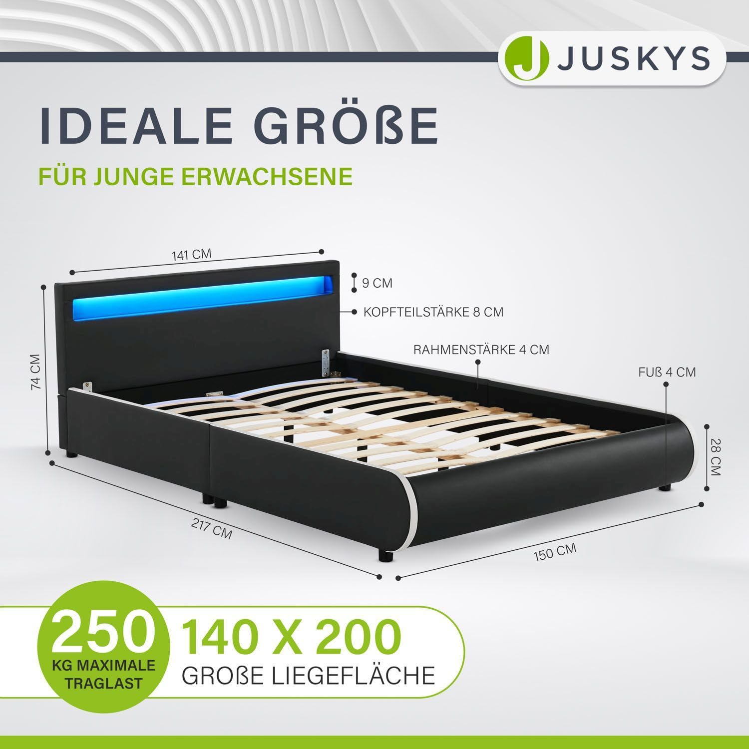 Juskys Polsterbett Sevilla 140x200 cm mit Matratze, LED Beleuchtung, Lattenrost & Kopfteil - Holz & Kunstleder - 16 Farbeinstellungen & Fernbedienung - Bett Jugendbett Einzelbett - Schwarz