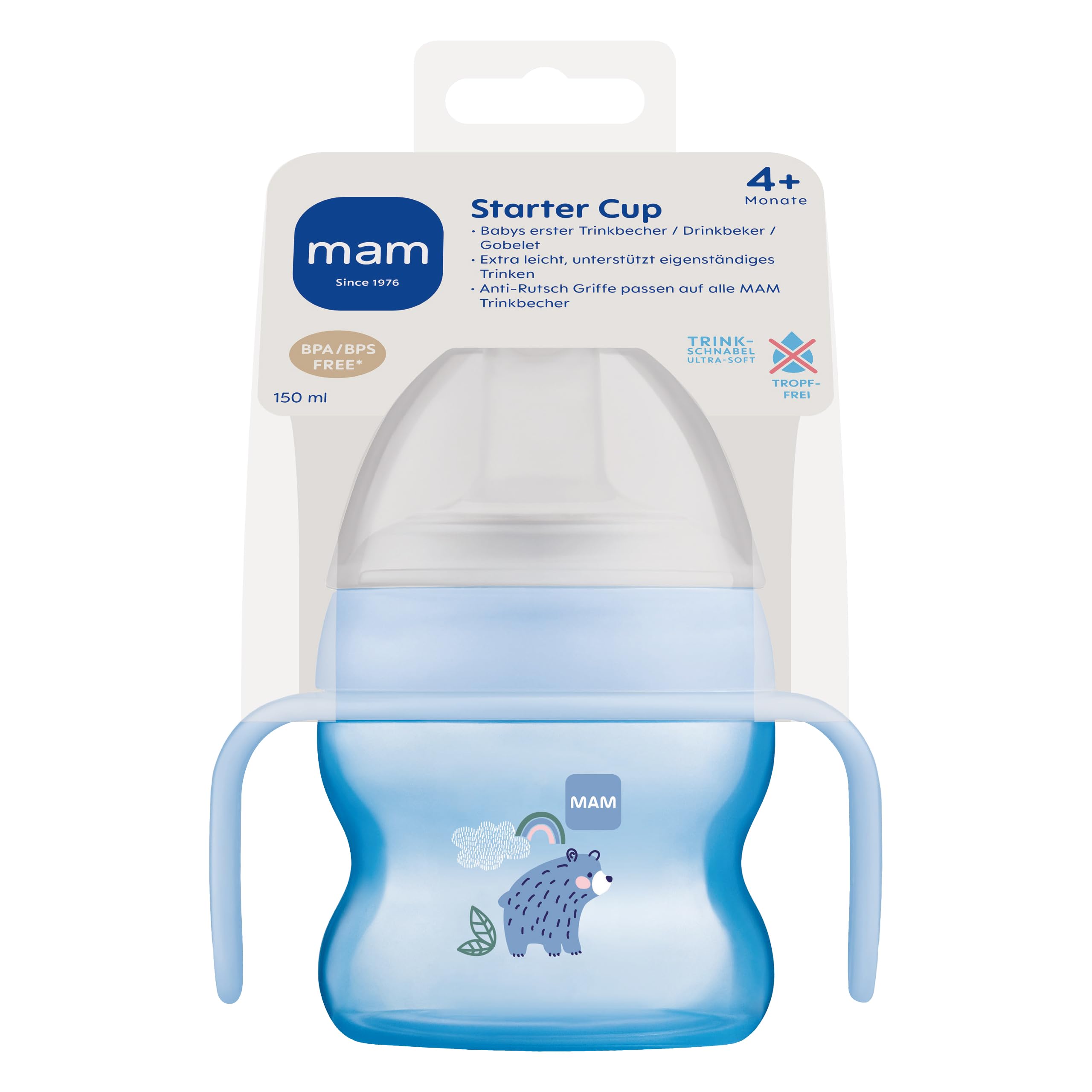 MAM Starter Cup - Borraccia da 150 ml, con manici luminosi e antiscivolo, a partire da 4 mesi, orso