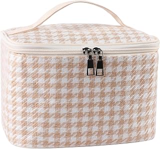 Travel Makeup Bag,Large Capacity Cosmetic Bags for Women Grid Design with Handle Compartment Travel Essentials（Light Yellow）