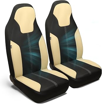 GIANT PANDA Front High Back Car Seat Covers - 3D Air Mesh Design, Breathable Bucket Seat Covers Universal Fit for Most Cars, SUVs, Trucks, Vans, Airbag Compatible Black & Beige 2 Pack