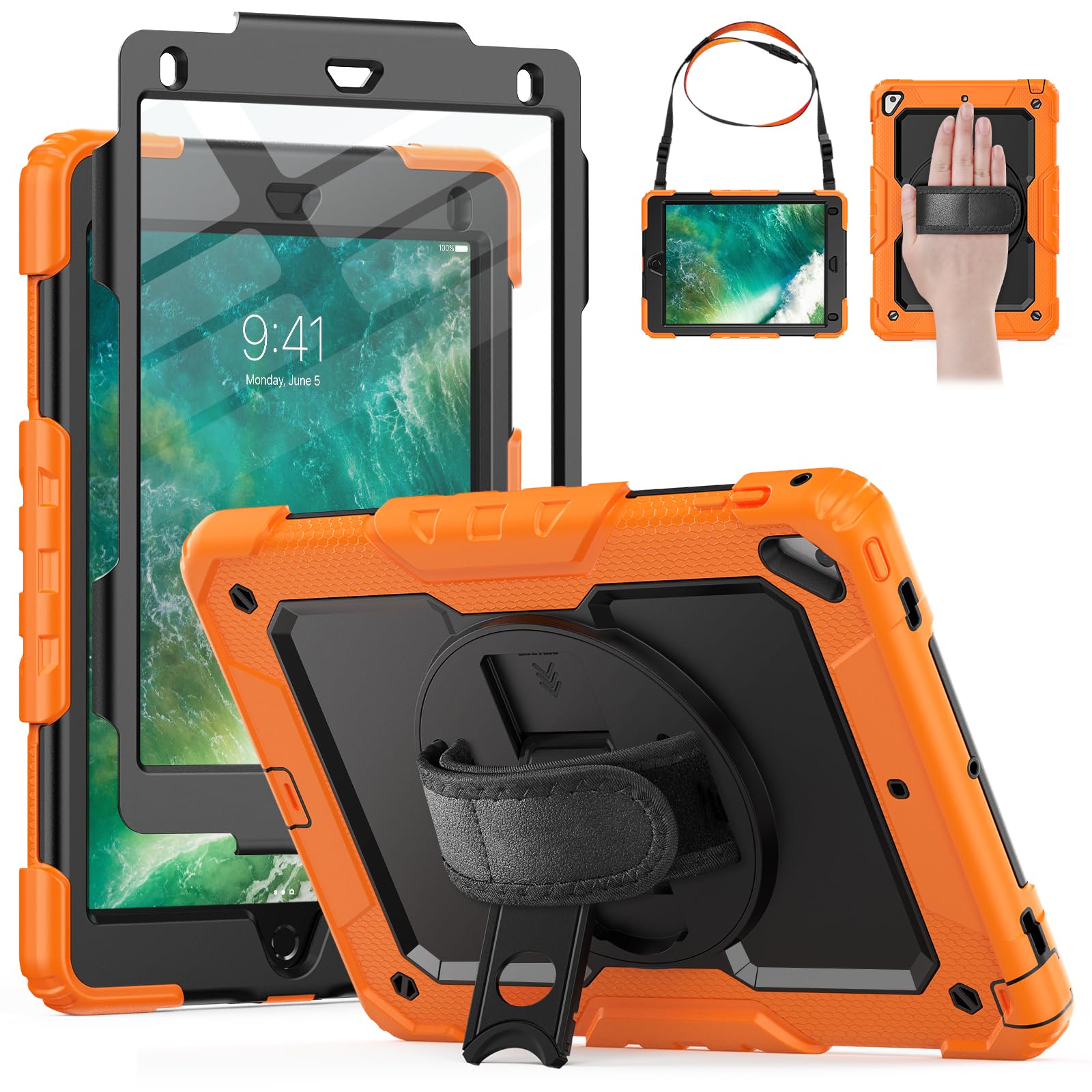 HXCASEAC Rugged Case for iPad Pro 9.7, iPad Air 2, 9.7 inch, Full Body Protective Design with Pencil Holder, Built-in Screen Protector, Rotating Stand