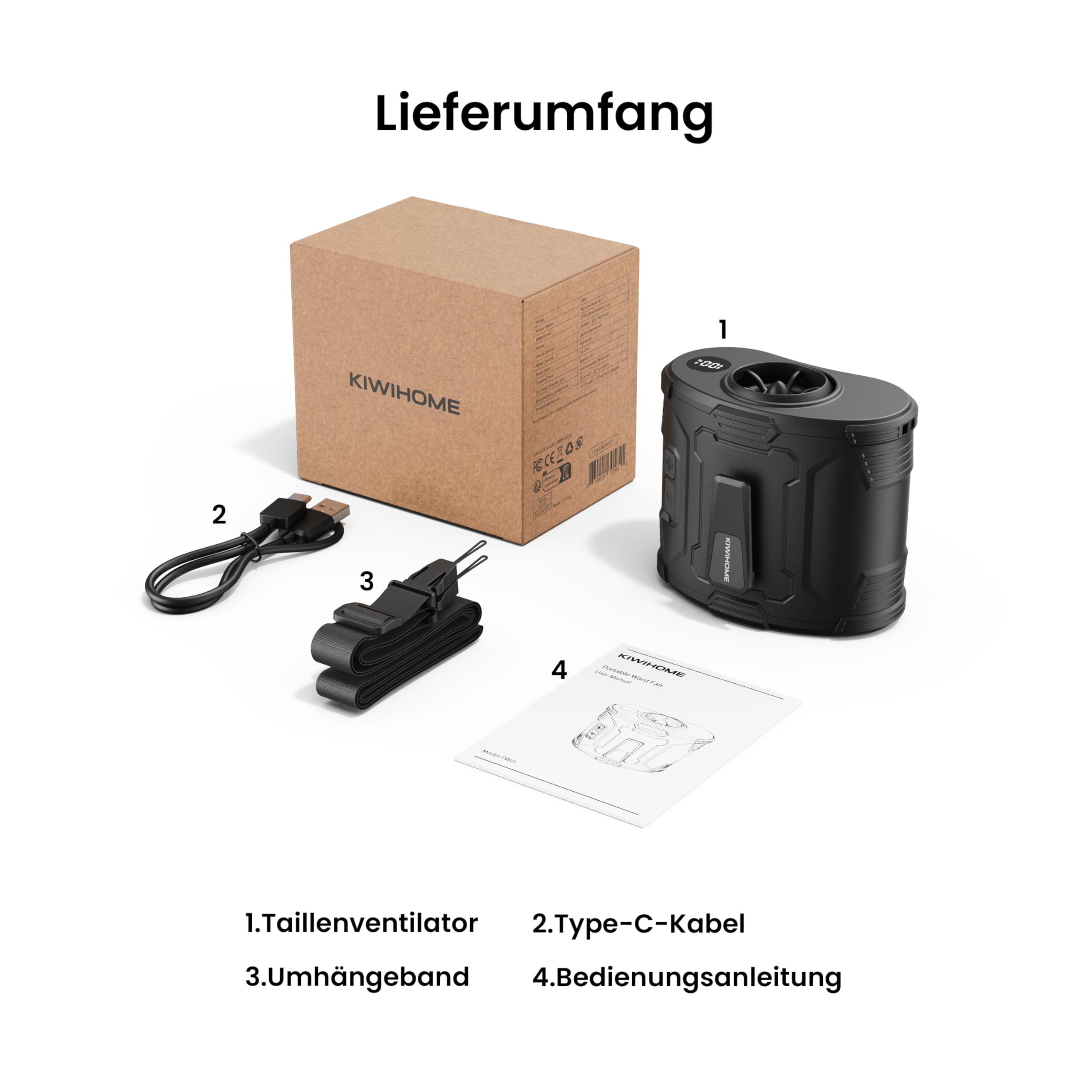 KIWIHOME Tragbarer Taillen-Clip-Ventilator, 360° drehbarer Luftstrom mit 10° vertikaler Anpassung, Gürtelventilator mit physischem Schalter, 4-in-1 Ventilator für Outdoor-Arbeit, Camping, Reisen