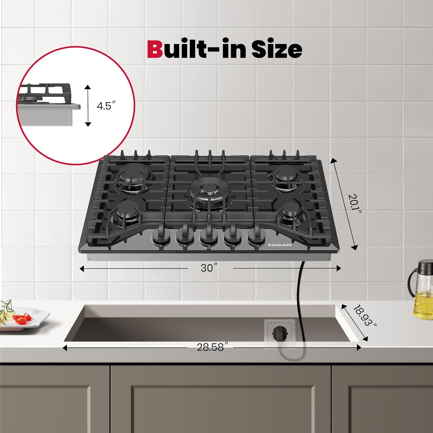 GASLAND 30'' Gas Cooktop Black, 5 Burner Propane Stove Top, Built-in Gas Cooktops NG/LPG Convertible, Plug-in with Thermocouple Protection, CSA Certified, Black