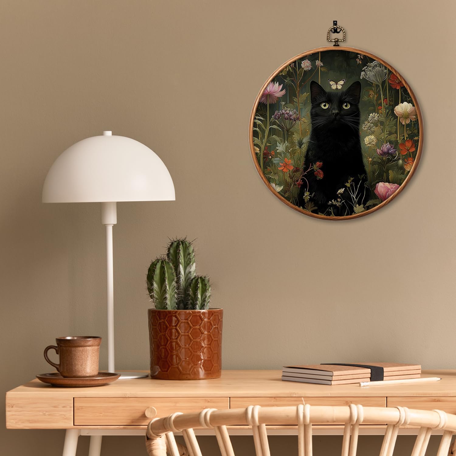 Chicimln Gothic Moody Black Cat Round Wall Art, Dark Academia Cottagecore Botanical Floral Framed Canvas Prints, Witchy Cat Flower Circle Wall Hanging Decor for Home Bedroom Living Room 10x10 Inch image 5