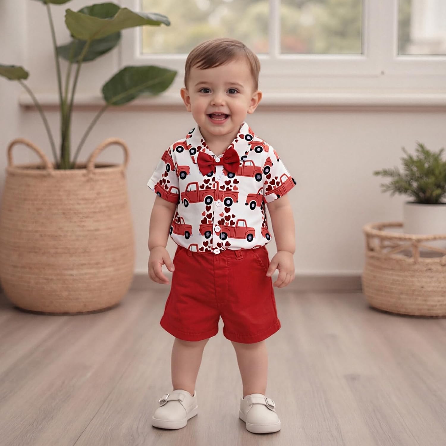 FIOMVA Toddler Baby Boy Valentines Day Outfit Clothes Button Down Shirt with Bowtie and Shorts Set Gentleman Suit Dress - Image 3
