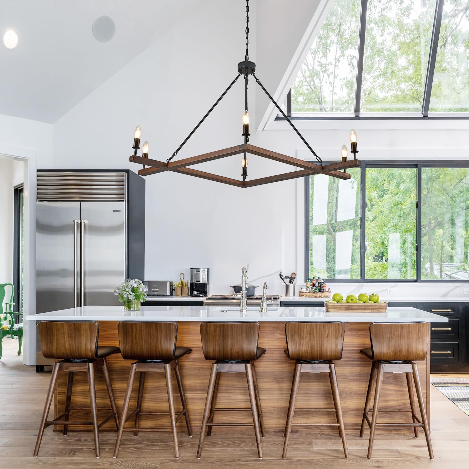 L45'' Rustic Farmhouse Square Wood Chandeliers 6-Light Unique Rectangular Candle Chandelier Long Ceiling Pendant Light for Living Dining Room Foyer Kitchen Bedroom High Ceiling,E12