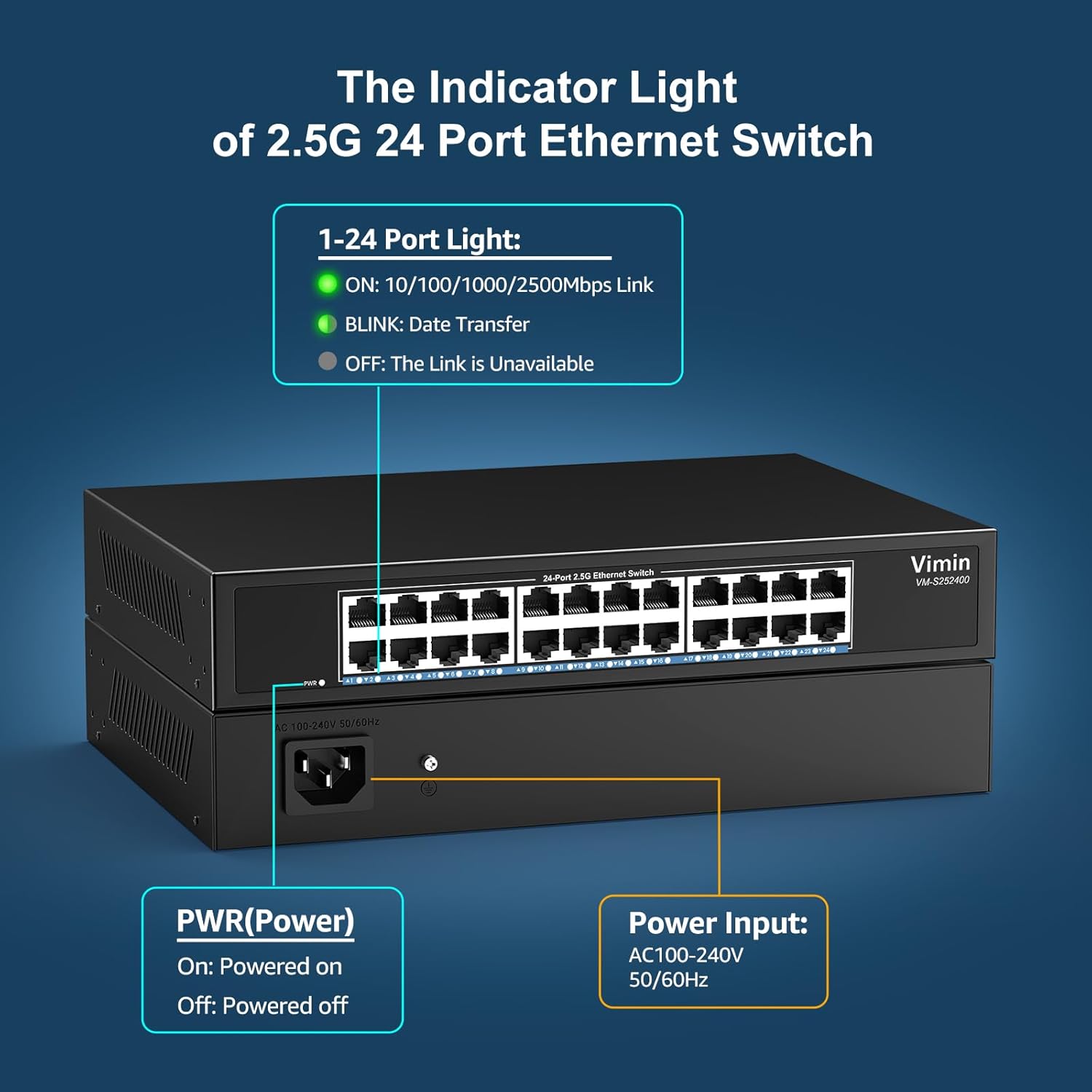 24 Port 2.5G Switch Unmanaged, Vimin 2.5GB Base-T Ethernet Switch, 2.5Gb Network Switch Plug & Play, Compatible with 10/100/1000/2500Mbps, 120Gbps Switching Capacity, Metal Housing, Fanless