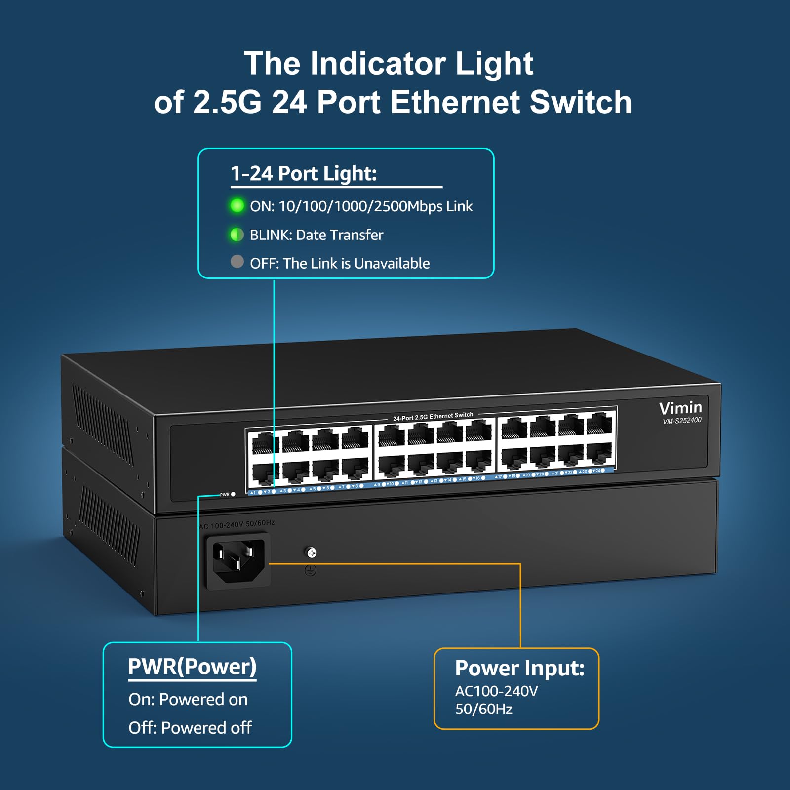 2,5Gb Switch 24 Port, Commutateur Ethernet 2,5G Non Géré, 24 Ports 2,5 Go Base-T Commutateur RéSeau Plug & Play, 2,5 Gigabit Switch Compatible avec 10/100/1000/2500 Mbps