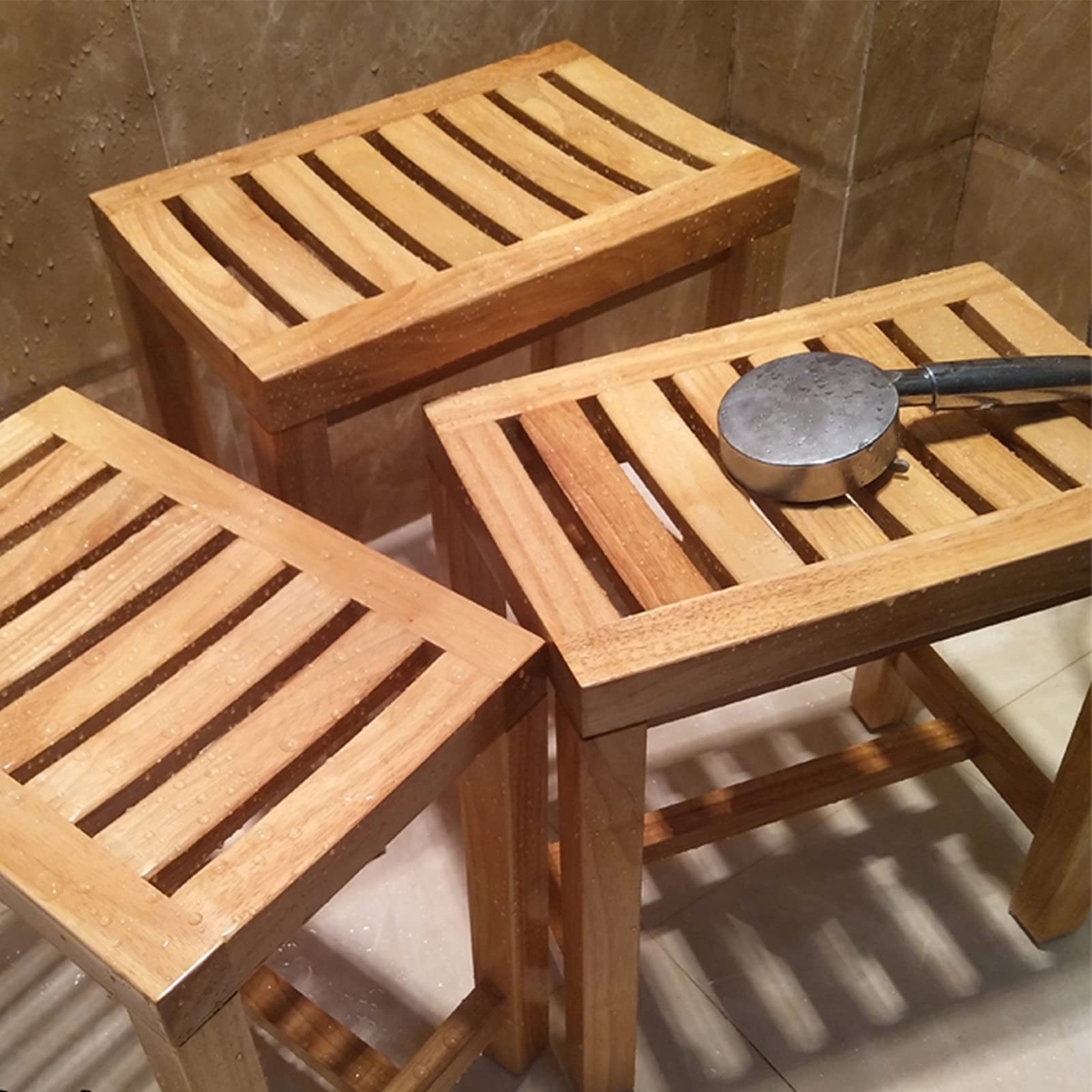Sgabello da Doccia in Legno per Anziani, con Seduta Quadrata, con Superficie Antiscivolo, poggiapiedi Multifunzionale per Il Bagno (42 x 28 x 43 cm)