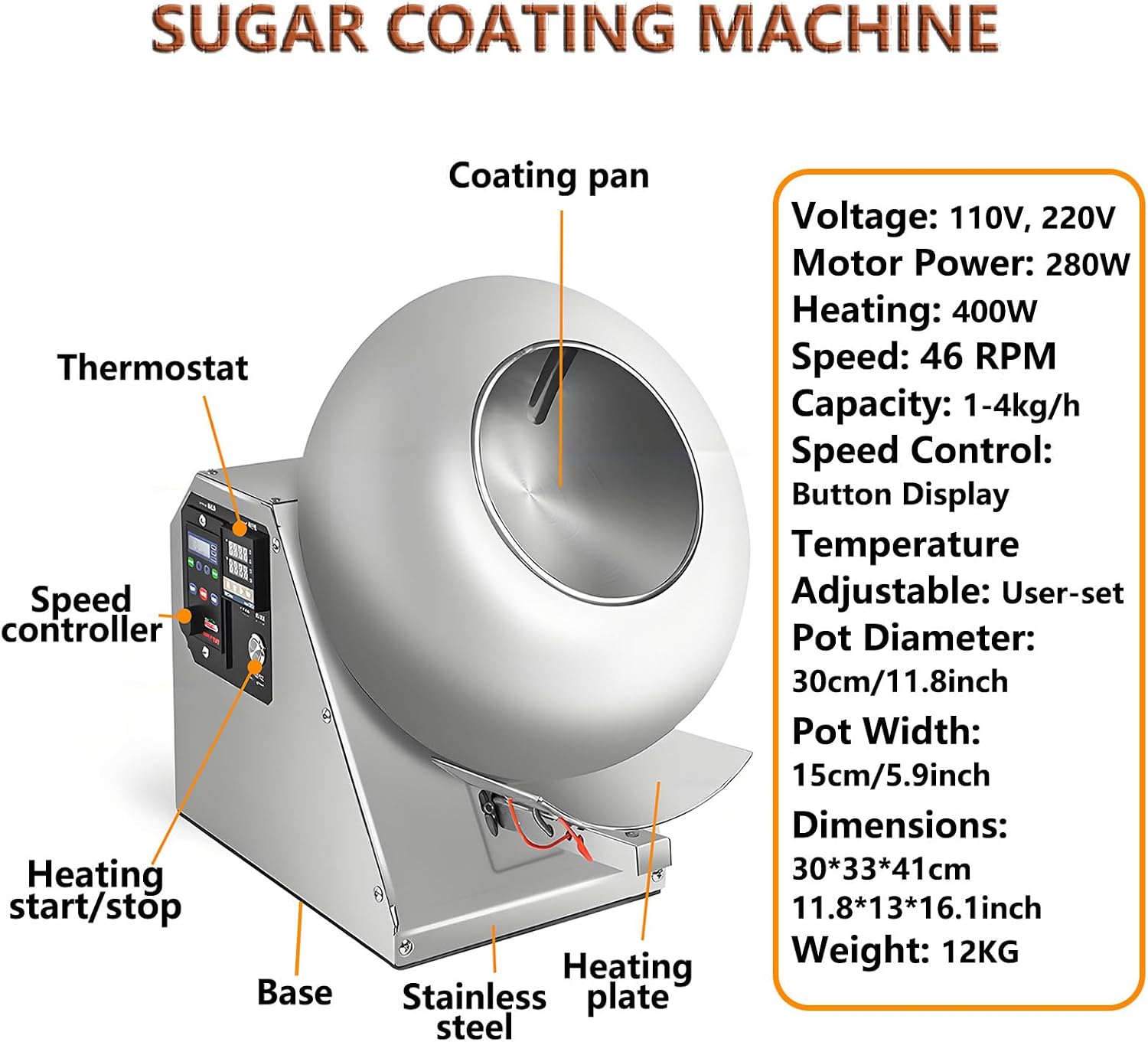 Sugar Coating Machine, Small Commercial Candy Panning Machine with Button Display, Temperature Adjustable, 280W Chocolate Drying Polishing Machine for Food and Pharmaceutical