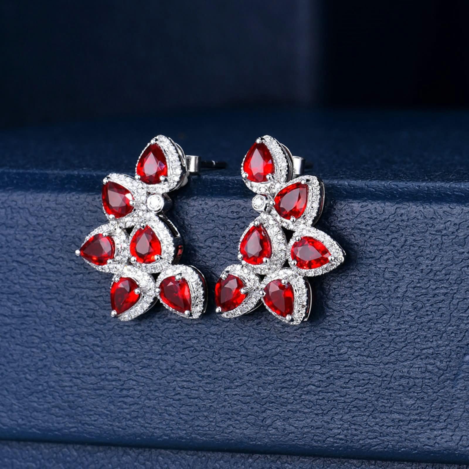 Ohrringe 9K / 14K / 18K Weißgold für Damen, Wassertropfen mit Saphir und Diamant, Damen Ohrringe Ohrstecker Silber Rot