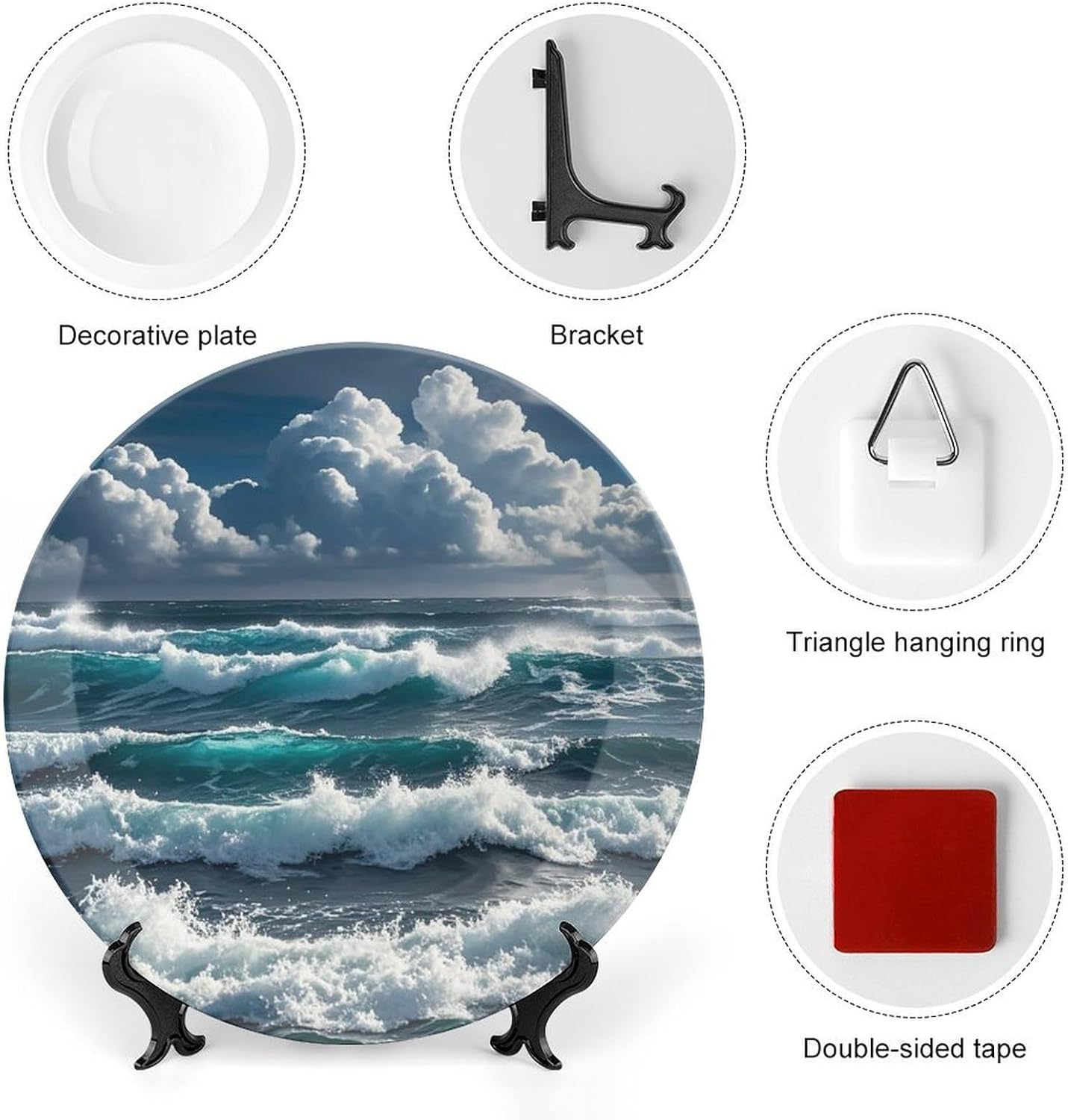 Wild Seas Decorative Ceramic Plate Round Porcelain Plate Decor Personalized Bone China Decorative Plates Ceramic Ornaments Dessert Plates with Display Stand 8inch