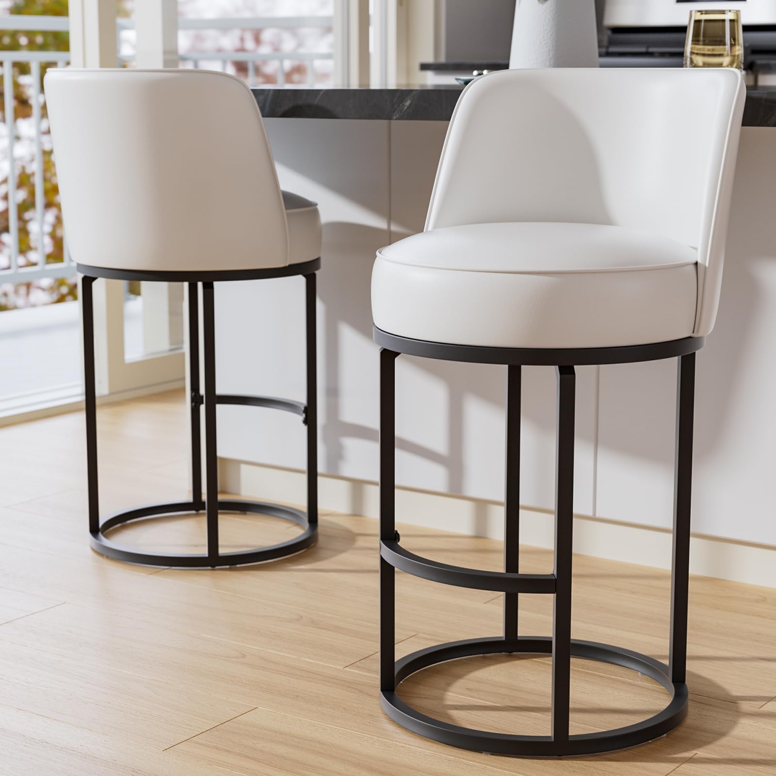 26" White Counter Height Bar Stools Set of 2, Anti-Pinch Swivel | Round Base with Metal Frame, 4.7" Thick Seat, Easy-Clean Faux Leather, Comfy Back, Barstools for Kitchen Island, Home Bar