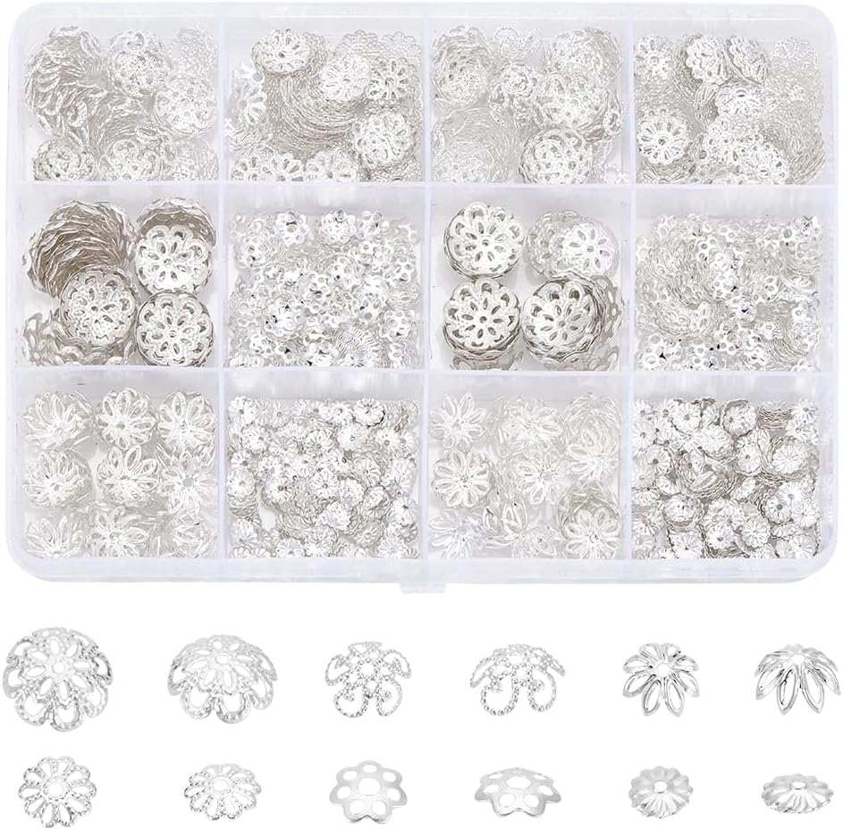 UNICRAFTALE About 1260Pcs 2 Colors Flower Bead End Caps Flower Filigree Bead Caps Gold Spacer Beads Caps Ends Iron Bead Caps Loose Spacer Beads Bulk Earrings for Bracelet Jewelry Making