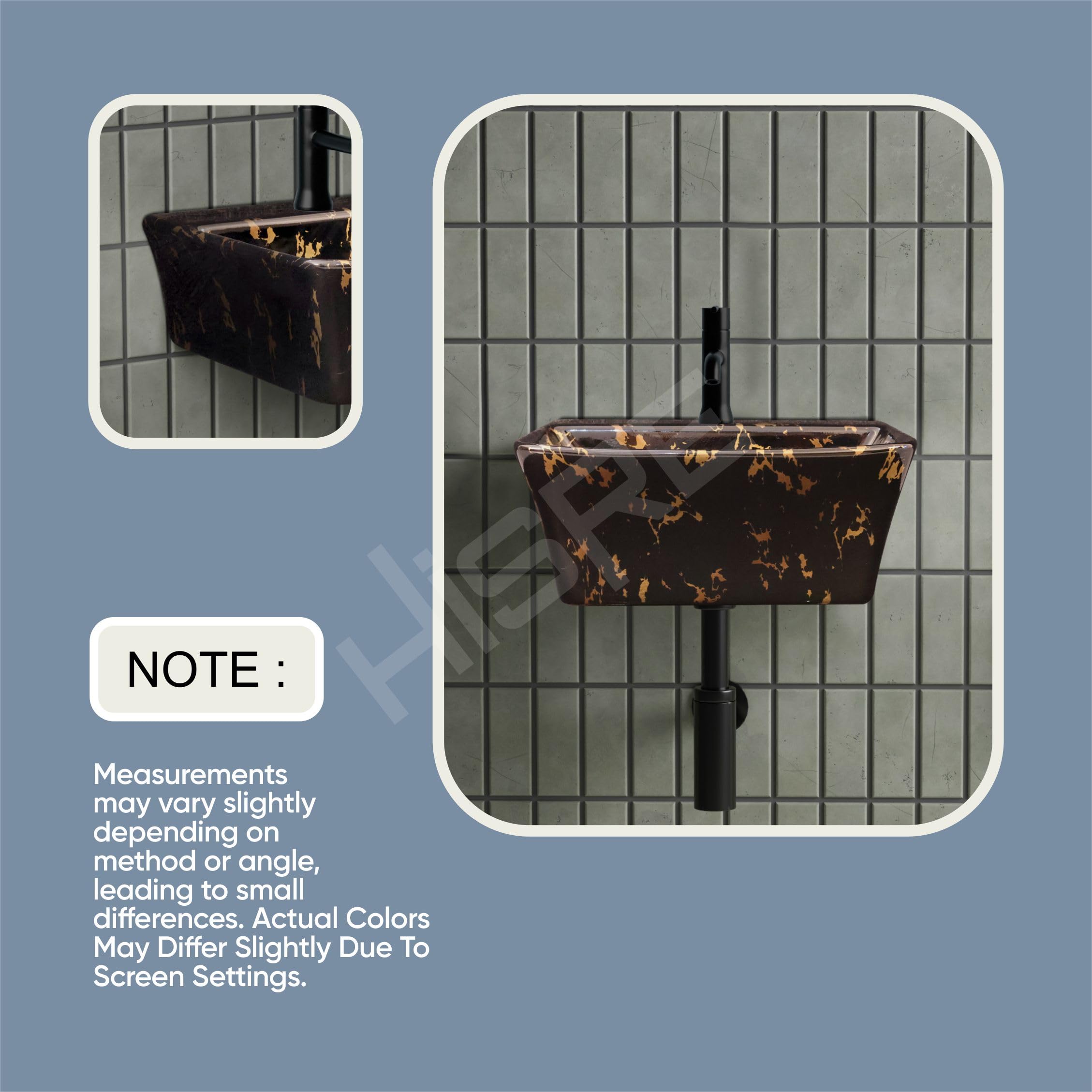 HISRE Wall Mount Wash Basin 13"x13"x5" | Black Gold Marble Finish Ceramic Sink | Modern Rectangular Bathroom Basin for Home, Office & Hotels, photo 5 of 5