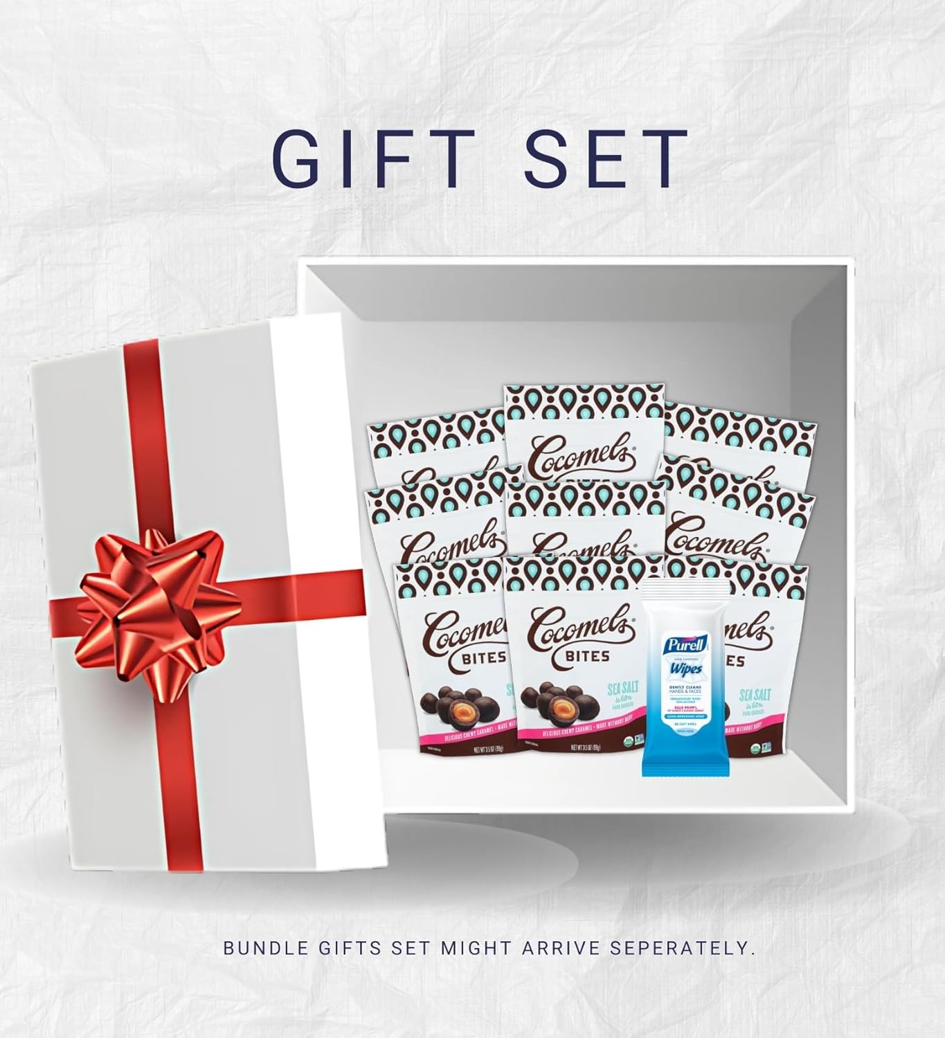 Salted Dark Chocolate – 9x Caramels Sea Salt Bites 3.5 oz Bundle with Fresh Scent Hand Sanitizing Wipes 20 Count – Sea Salt Chocolate Caramel with Compact Cleaning Wipes – Gift Set (10 Items)