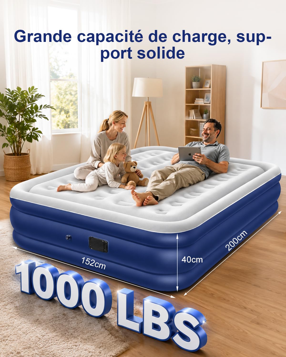 Spopal Matelas Gonflable 2 Personnes,200x152x40cm,2600mAh,Charge Max 450kg | Pompe Électrique Intégrée Rechargeable,PVC Épais Anti-Fuite Imperméable,Lit Gonflable Portable pour Camping Invités Voyages
