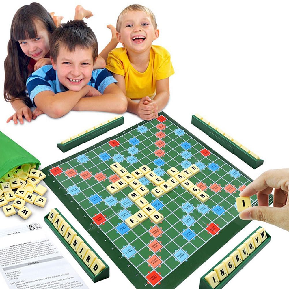 Jeu de Société Éducatif Mots Classique avec 100 Lettres Plateau 4 Chevalets Sac Apprentissage Orthographe Enfants 6 Ans+