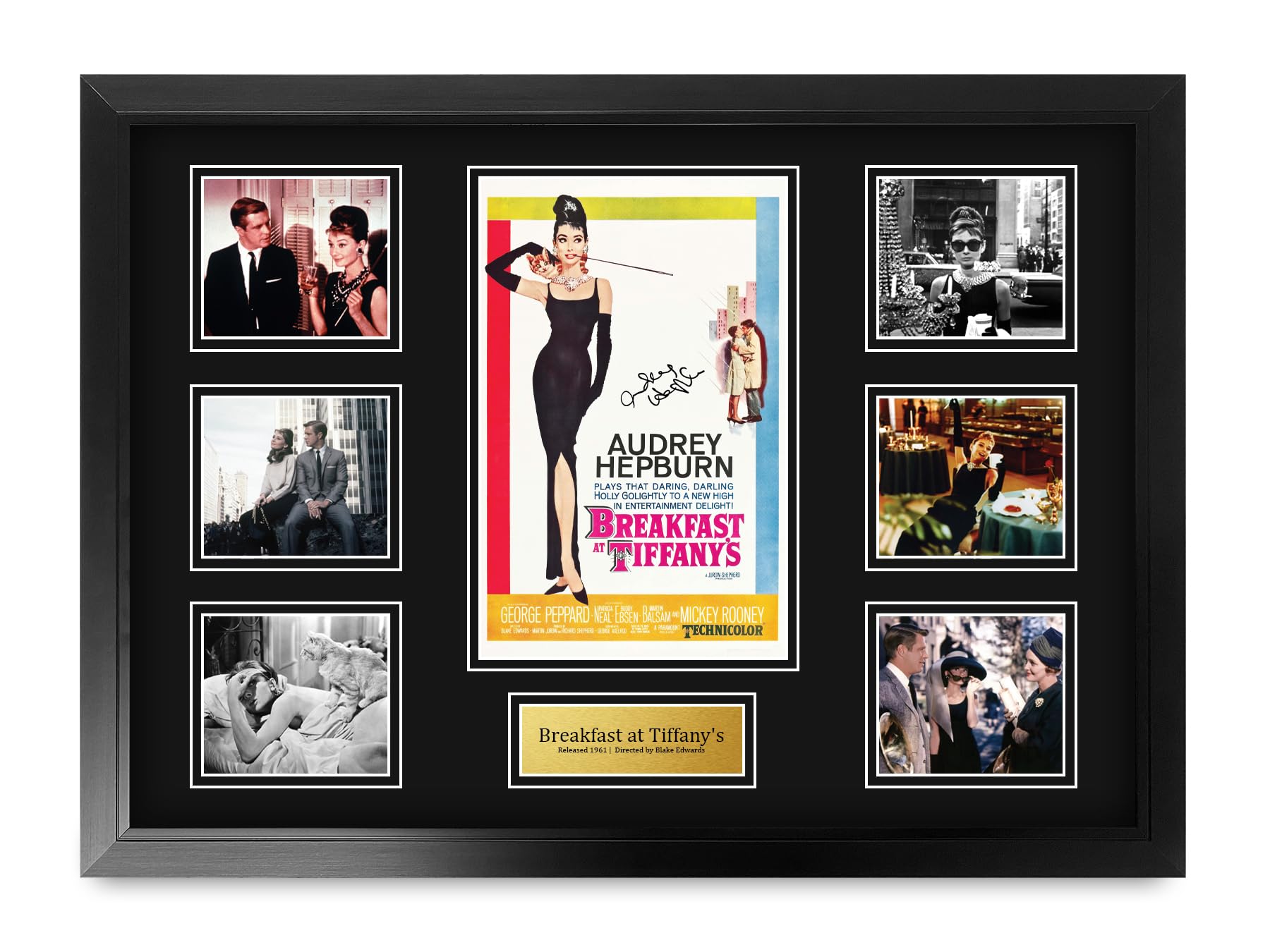 HWC Trading Breakfast at Tiffany's Audrey Hepburn Regali Stampati Autografo Firmato Immagine Per Gli Appassionati Di Memorabilia Di Film - A2 Incorniciato (ID-006436)