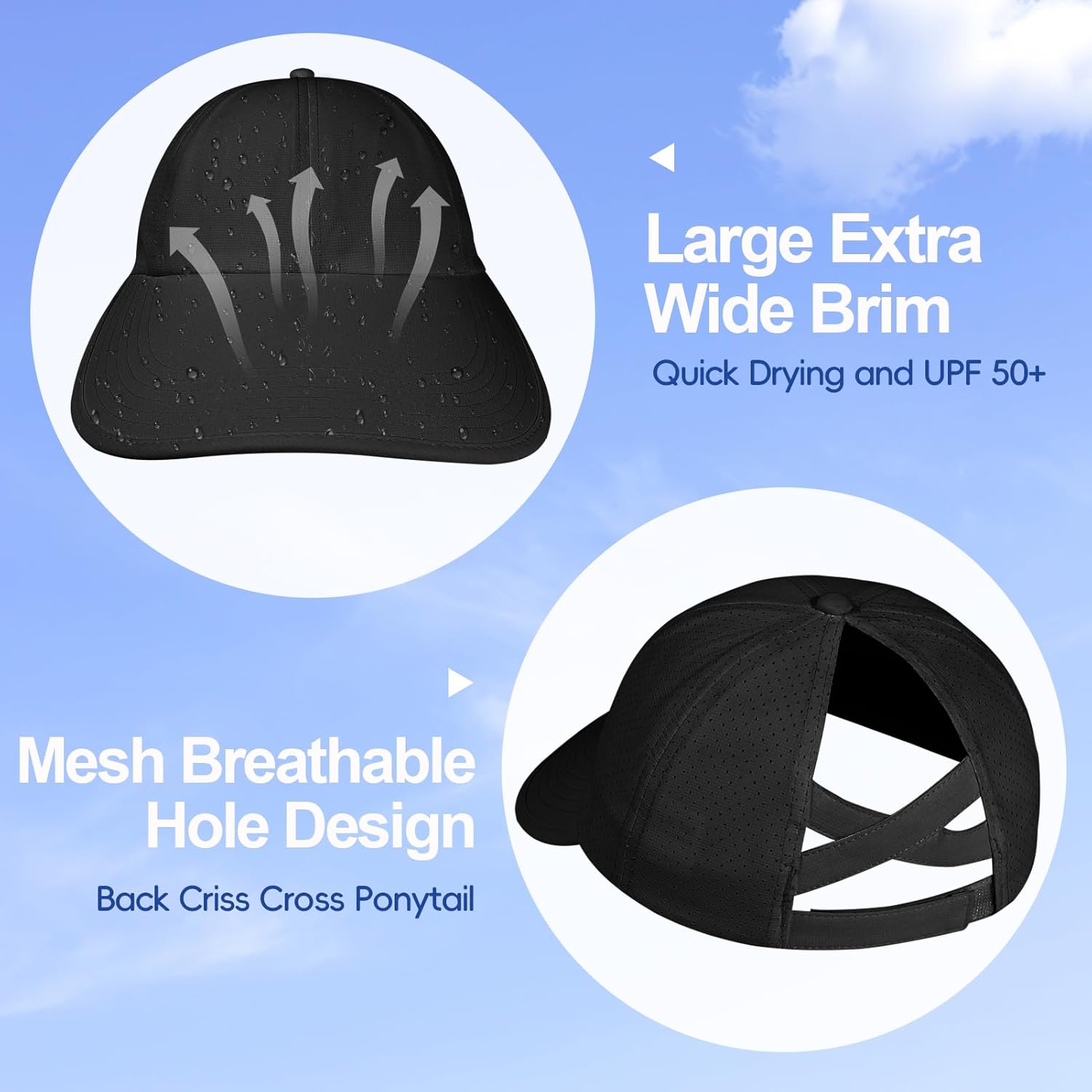 Large Wide Brim Criss Cross Ponytail Baseball Sun Hats for Women Mesh Quick Dry Outdoor Sports Travel Beach Cap - Image 3