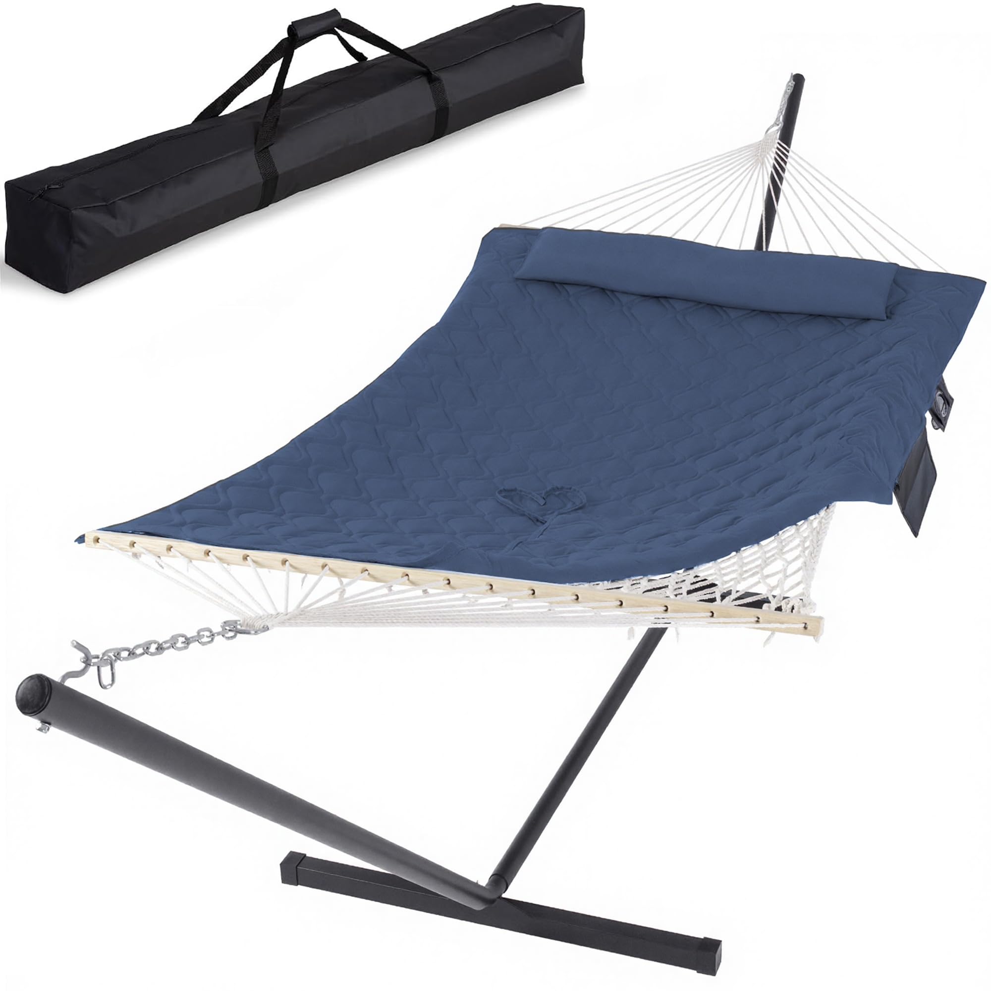 SUNCREAT Two Person Hammock with Stand, Carrying Bag, Navy Drops