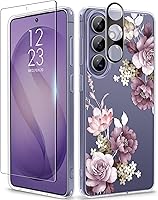 Vista 33 de GVIEWIN Funda protectora para Samsung Galaxy S25, transparente floral, delgada, a prueba de golpes, para mujer, no se pone amarilla, con protector