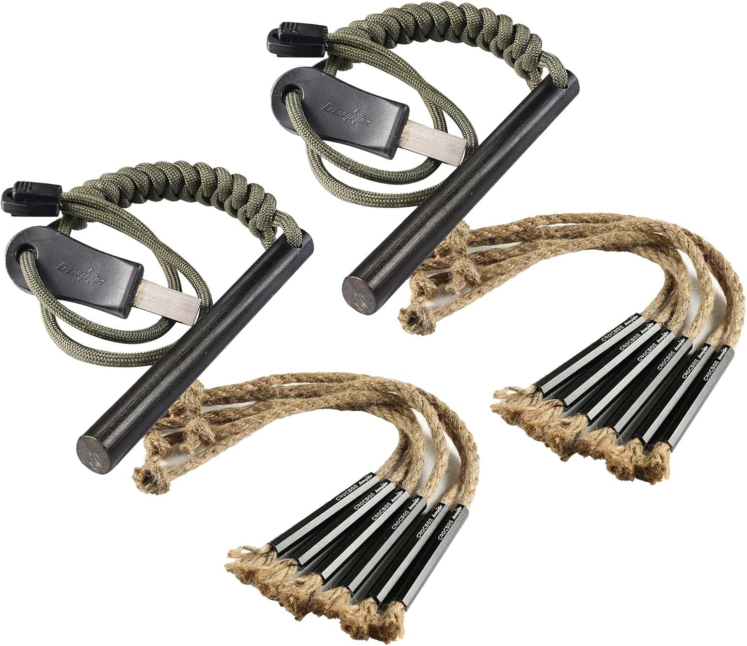 2-Pack 4 Inch Survival Flint Fire Starter Ferro Rod Kit with Striker, Compatible with CrocSee Pack of (12) Survival Wick Hemp Cords Tinder