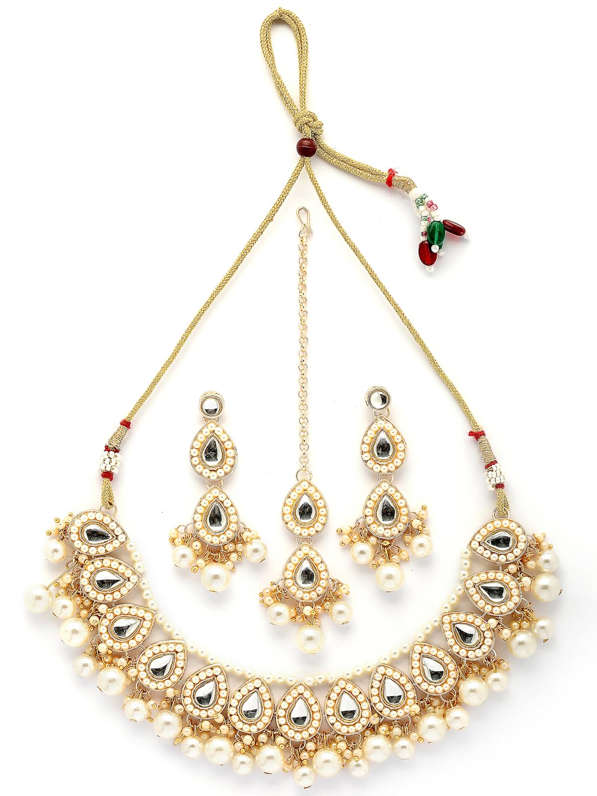 Good Looking Stylish Kundan & Pearls Studded White Choker Necklace with Drop Earring Maangtikka Jewellery Set For Women & Girls|Suited for All Festive Occasions|NS107361-image-30