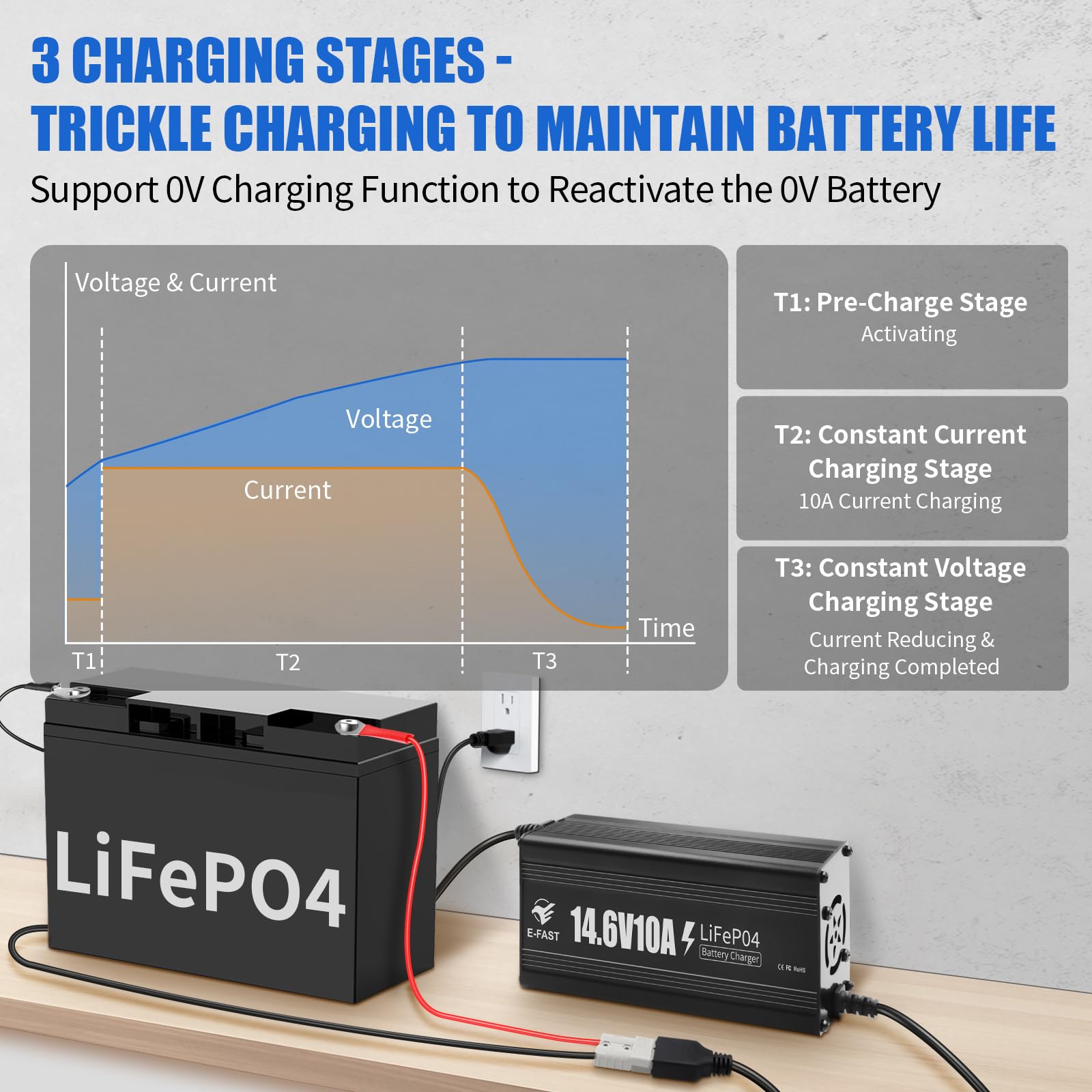 Cargador de batería de 12 V y 10 A, Cargador de batería LiFePO4 de 14,6 V, Especial para baterías Recargables de Ciclo Profundo de Litio