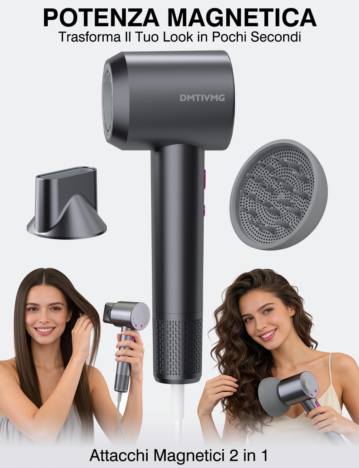 Asciugacapelli Ionico 1600W Phon Capelli Professionale 500 Milioni Ioni Negativi 12 Modalità 4 Temperature 3 Velocità del Vento 160000 RPM Motore Senza Spazzole 2 Accessori Magnetici