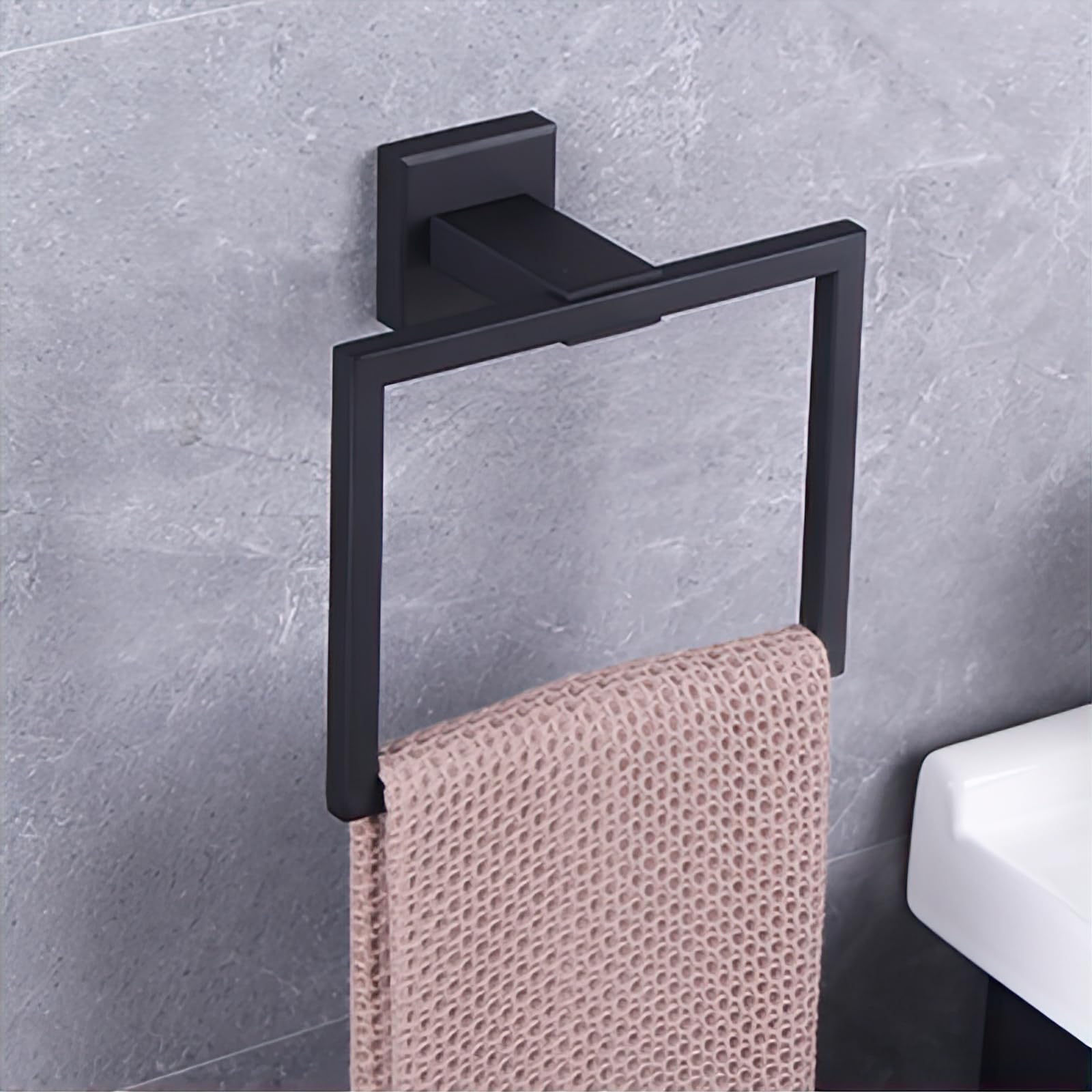 GERZWY Modern Black Towel Holder SUS304 Stainless Steel Towel Hanger Towel Ring for Bathroom Lavatory Wall Mount Contemporary Style JG1906-BK