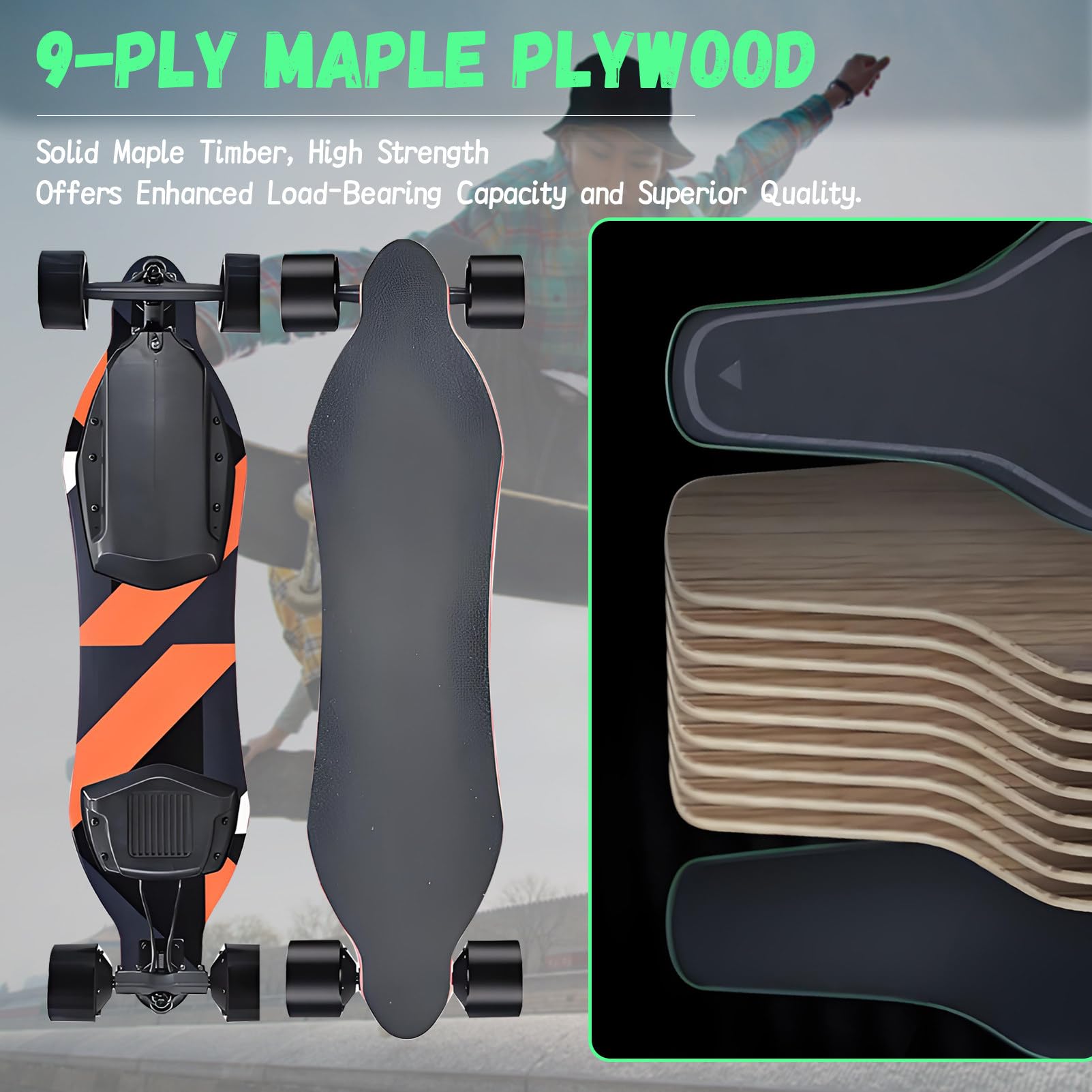 Skateboard Elettrico Longboard, Skateboard Elettrico, velocità Massima 40 mph, capacità di carico 150 kg, per Campus e Città. Orange