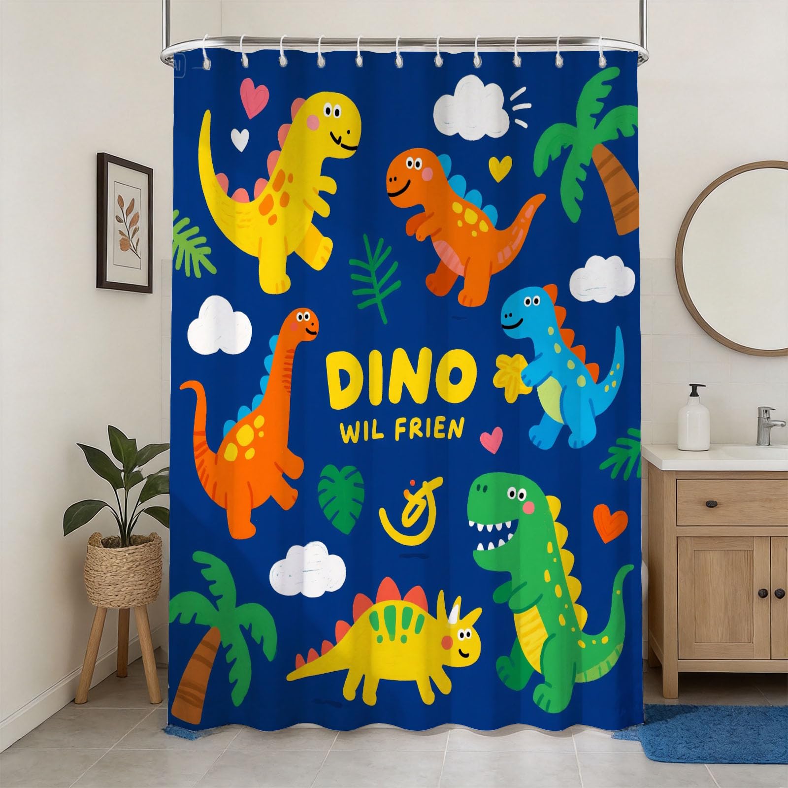 Hongduo 3D Cartoon Dino Shower Curtain for Stalls Bathtubs Cute Animals Bathroom Decor Shower Curtain Set Polyester Fabric Waterproof 180x180cm/71X71 Inch with Hooks