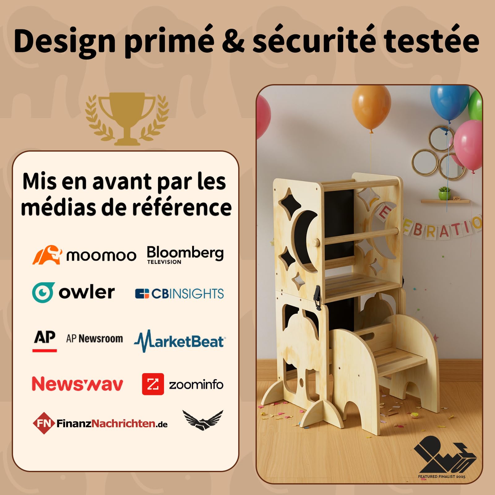 COSYLAND Tour d’Observation Enfant,Tour d’Observation Montessori 3 en 1, Tour d’Apprentissage Enfant Pliable avec Tableau, Tour Observation bébé pour Cuisine, Table et Salle de Bain – Naturel